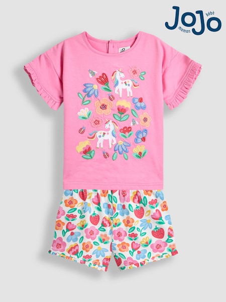 JoJo Maman Bébé Fucshia Pink Floral Appliqué Frill T-Shirt & Shorts Set 2 Piece (AU5749) | £25 - £28