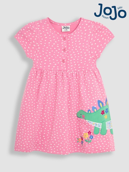JoJo Maman Bébé Fuchsia Pink Dinosaur Appliqué Button Front Dress (AU5751) | £22 - £25