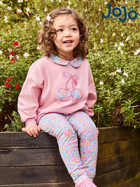 JoJo Maman Bébé Pink Cherry 2-Piece Appliqué Sweatshirt & Leggings Set (AU5759) | £30 - £36
