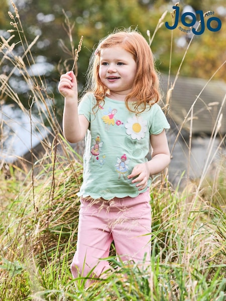 JoJo Maman Bébé Green Fairy & Daisy 100% Cotton Scallop Hem Appliqué Pocket T-Shirt (AU5768) | £16 - £19