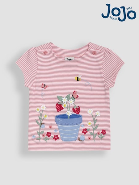JoJo Maman Bébé Pink Strawberry Print Appliqué 100% Cotton T-Shirt (AU5771) | £16 - £19