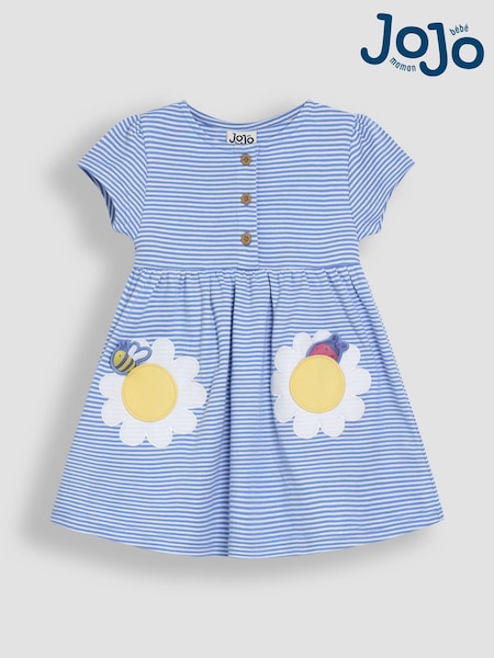 JoJo Maman Bébé Blue Daisy Pocket Appliqué Button Front Dress (AU5778) | £23 - £26