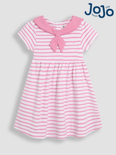 JoJo Maman Bébé Pink Stripe Short Sleeve Sailor 100% Cotton Dress (AU5781) | £20 - £23