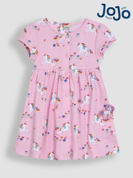 JoJo Maman Bébé Pink Unicorn Button Through Dress (AU5804) | £22 - £25