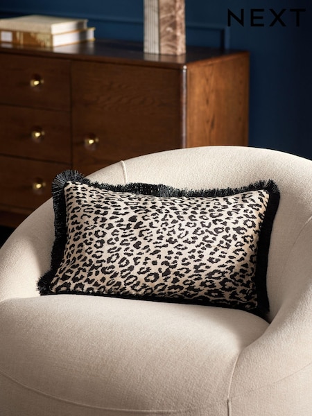 Black/Animal 50 x 30cm Velvet Faux Leopard Print Fringe Cushion (AU5900) | £24