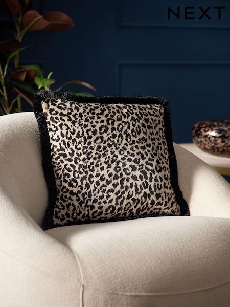 Black/Animal 43 x 43cm Velvet Faux Leopard Print Fringe Cushion (AU5901) | £24