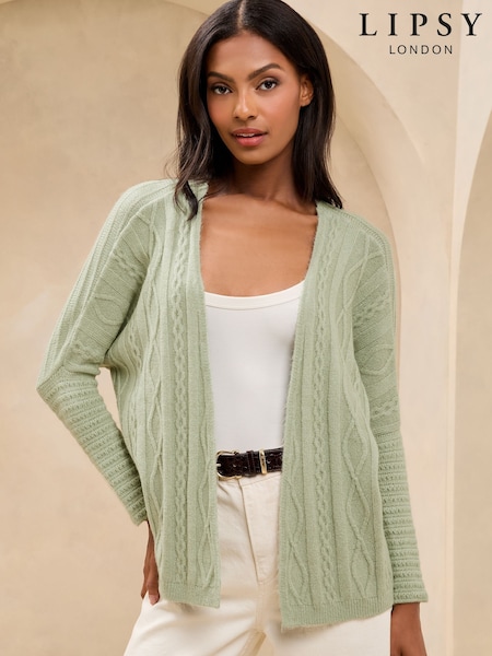 Lipsy Green Knitted Pretty Stitch Crochet Long Cardigan (AU6135) | £46
