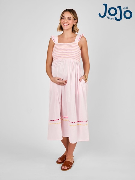 JoJo Maman Bébé Pink Frill Sleeve Shirred Maternity Midi Dress (AU6290) | £49.50