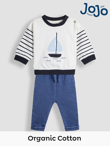 JoJo Maman Bébé Ecru Organic Cotton Sail Boat Sweatshirt & Joggers Set (AU6293) | £28 - £29