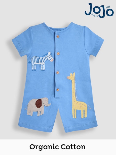 JoJo Maman Bébé Blue 100% Organic Cotton Safari Button Front Romper (AU6297) | £23 - £24