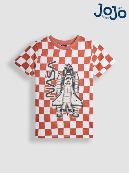 JoJo Maman Bébé Rust Nasa Graphic Print Checkerboard T-Shirt (AU6318) | £15 - £16
