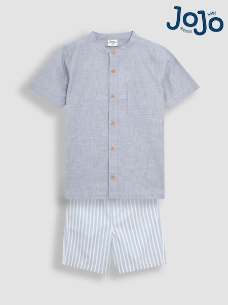 JoJo Maman Bébé Blue 2-Piece Grandad Collar Shirt & Striped Shorts Set (AU6327) | £32 - £34