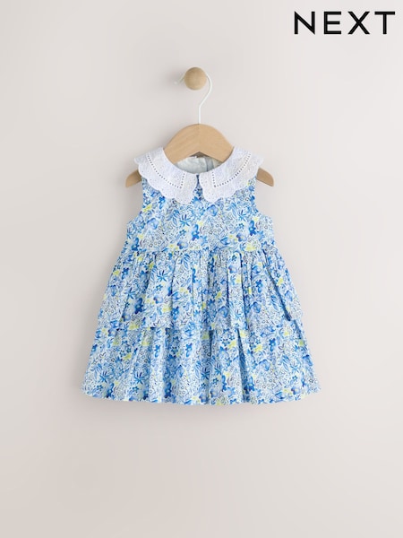 Blue Floral Baby Frill Collar Tiered 100% Cotton Dress (0mths-2yrs) (AU6464) | £19 - £21