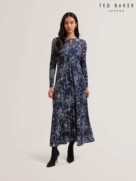 Ted Baker Blue Norhaa Textured Mesh Baby Lock Seams Midi Dress (AU6467) | £129