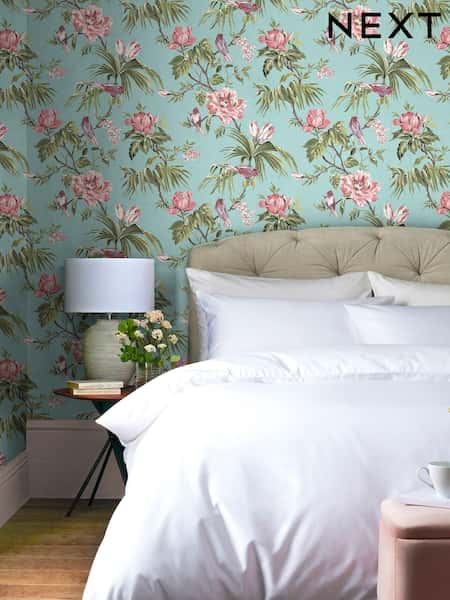 Duck Egg Birds & Blooms Wallpaper (AU6588) | £36