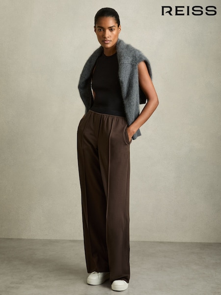 Reiss Chocolate Brown Lucia Wide Wide-Leg Elasticated-Waistband Trousers (AU6642) | £140