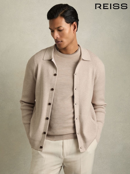 Reiss Oatmeal Melange Saint Fine-Ribbed Button-Through Cardigan (AU6652) | £148