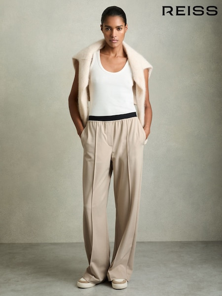 Reiss Neutral Lucia Wide Petite Wide-Leg Elasticated-Waistband Trousers (AU6664) | £140