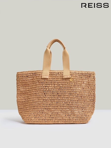Reiss Tan Emeryson Crochet Raffia Tote Bag (AU6764) | £98
