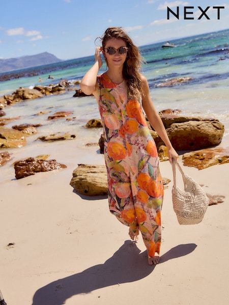 Orange Fruit Print Linen Sleeveless Jumpsuit (AU6920) | £48