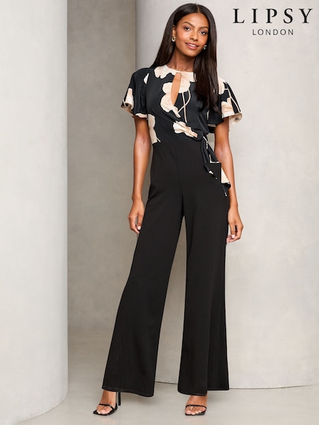 Lipsy Black Flutter Sleeve Tie Side Wide Leg Jumpsuit (AU7234) | £62
