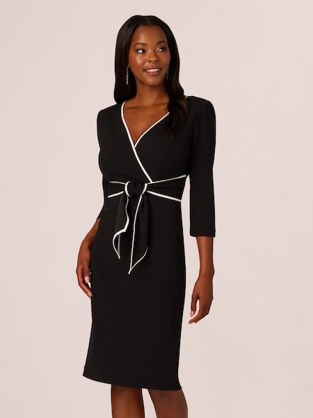 Adrianna Papell Piping Tie Front Midi Black Dress (AU7279) | £129