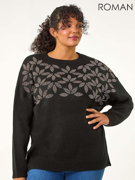 Roman Black Curve Leaf Print Hotfix Knit Jumper (AU7306) | £40