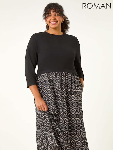 Roman Grey Curve Contrast Print Skirt Midi Dress (AU7311) | £45