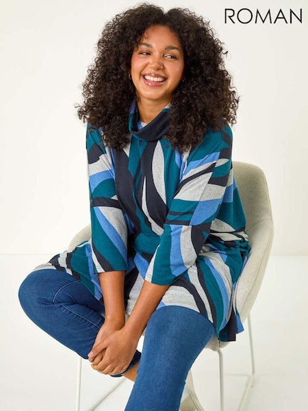 Roman Blue Curve Wave Print Roll Neck Top (AU7347) | £35