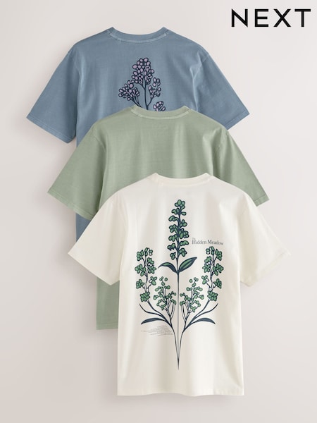 Ecru White/Green/Blue Regular Fit Graphic 100% Cotton T-Shirts 3 Pack (AU7350) | £50