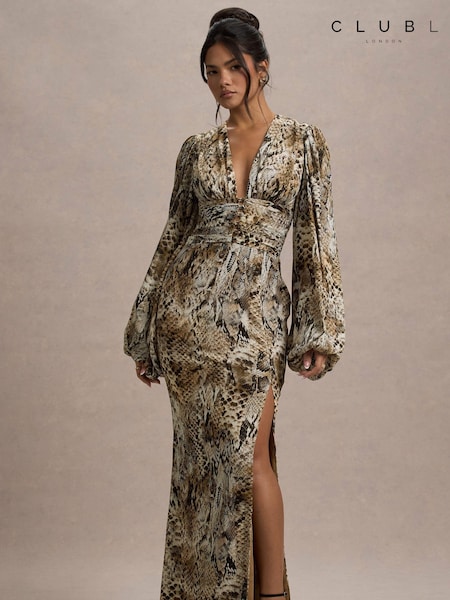 Club L London Snake Print Casarile V-Neck Balloon Sleeve Maxi Dress (AU7587) | £120