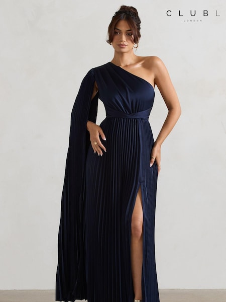 Club L London Blue My Vision Plisse Asymmetric Split Maxi Dress With Cape Sleeve (AU7590) | £150