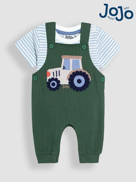 JoJo Maman Bébé Khaki Tractor 2-Piece Appliqué Dungarees & T-Shirt Set (AU7921) | £28 - £29