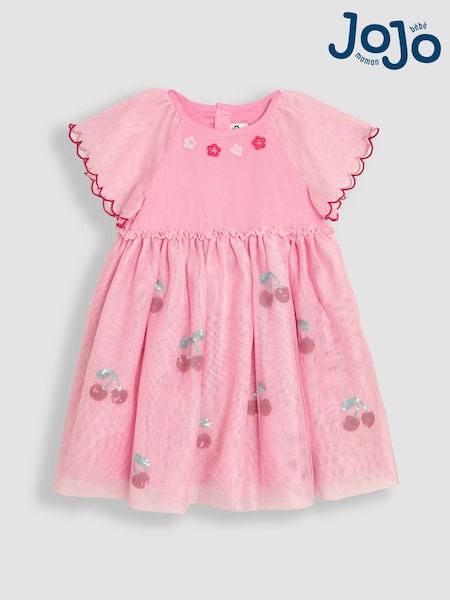 JoJo Maman Bébé Pink Cherry Angel Sleeve Appliqué Tulle Party Dress (AU7925) | £37 - £43