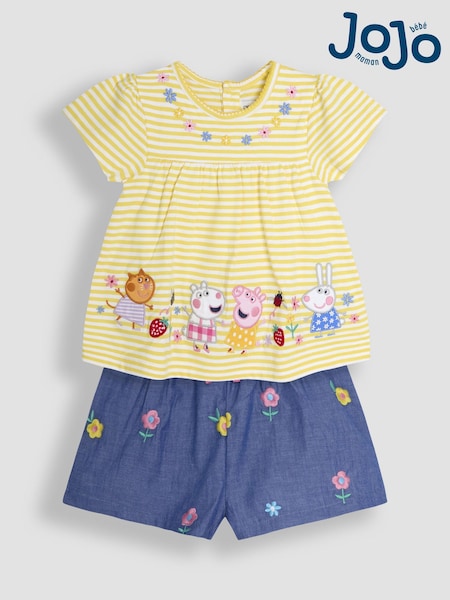 JoJo Maman Bébé Yellow 100% Cotton 2-Piece Peppa Pig Embroidered Top & Chambray Shorts Set (AU7934) | £30 - £36