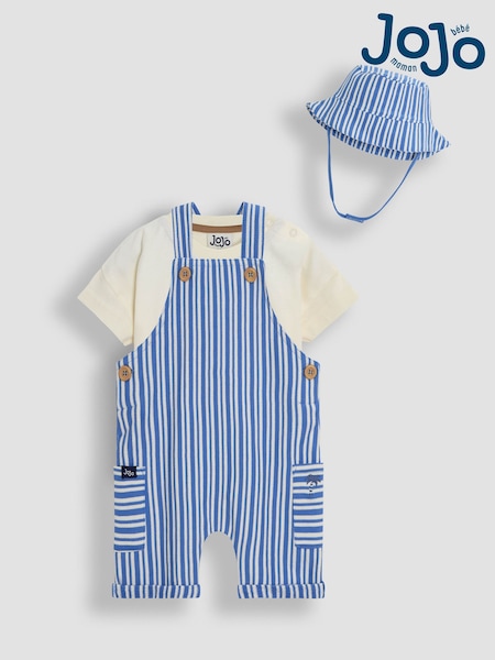 Jojo Maman Bébé Blue 3-Piece Stripe Dungarees & T-Shirt Set with Hat (AU7937) | £32 - £34