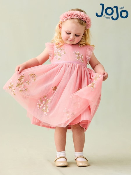 JoJo Maman Bébé Pink Floral Embroidered Tulle Party Dress (AU7946) | £37 - £43