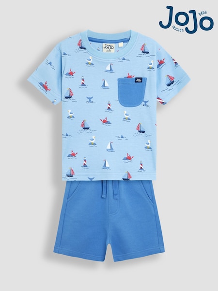 JoJo Maman Bébé Blue Boat 100% Cotton Prtinted T-Shirt & Shorts Set (AU7947) | £25 - £28