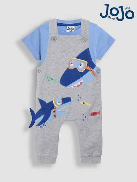 JoJo Maman Bébé Grey Shark 2-Piece Appliqué Dungarees & T-Shirt Set (AU7952) | £28 - £29