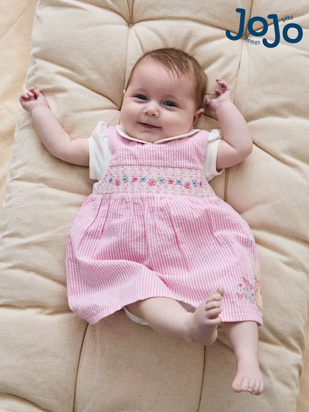 JoJo Maman Bébé Pink Flopsy Bunny Stripe 100% Cotton Dress, Body & Knickers Set (AU7975) | £32 - £34