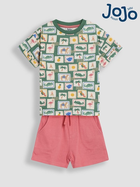 JoJo Maman Bébé Khaki Tropical Postcard 2-Piece Printed T-Shirt & Short Set (AU7983) | £26 - £29