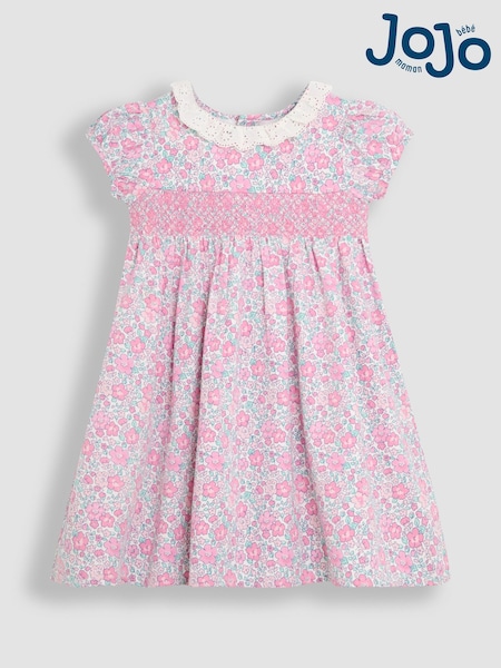 JoJo Maman Bébé Pink Floral Floral Broderie Collar Party Dress (AU7995) | £38 - £44