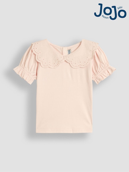JoJo Maman Bébé Pink Broderie Collar T-Shirt (AU8005) | £13 - £16