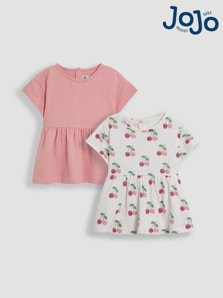 JoJo Maman Bébé Cream Cherry Drop Shoulder T-Shirts 2 Pack (AU8011) | £20 - £23
