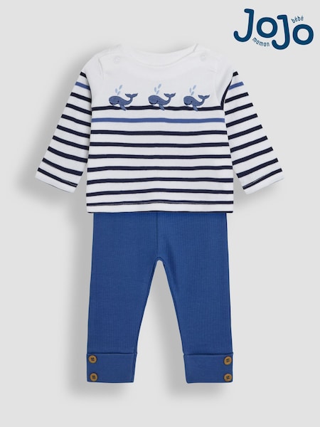 JoJo Maman Bébé White Whale 2-Piece Embroidered Top & Rib Leggings Set (AU8016) | £27 - £28