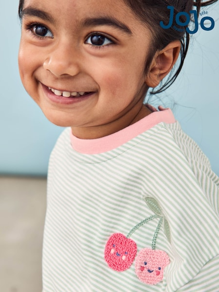 JoJo Maman Bébé Green Cherry Applique Drop Shoulder Stripe Top (AU8026) | £15 - £18