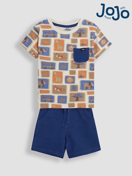 JoJo Maman Bébé Ecru Safari Postcard 2-Piece Printed T-Shirt & Short Set (AU8027) | £26 - £29