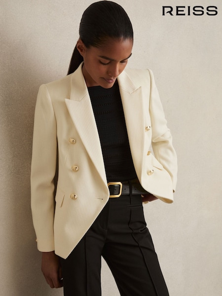 Reiss White Tally Tailored Fit Textured Double Breasted Blazer (AU8075) | £278
