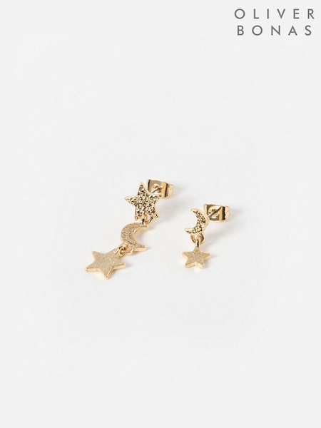 Oliver Bonas Gold Tone Ara Mismatch Moon and Star Drop Earrings (AU8203) | £14
