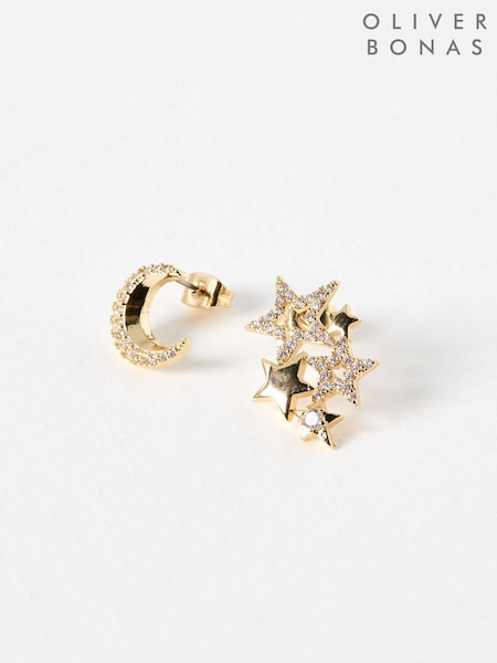Oliver Bonas Gold Tone Mina Mismatch Moon & Star Stone Inlay Stud Earrings (AU8318) | £18